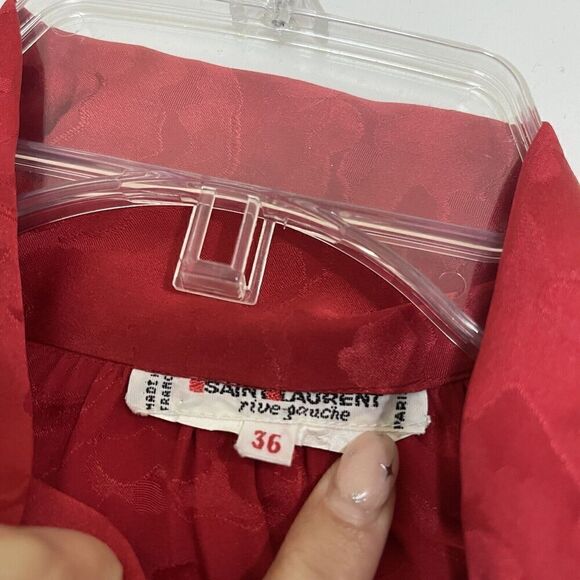 Vintage 1970 Yves Saint Laurent Rive Gauche Red silk button front bow blouse 36 - Picture 5 of 9